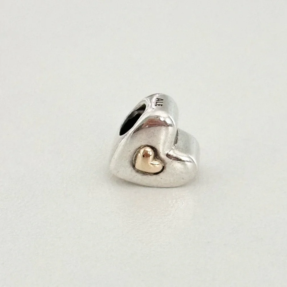 Pandora 925 & 14K Gold Happy Anniversary Puffy Heart Rare Retired Bead Charm